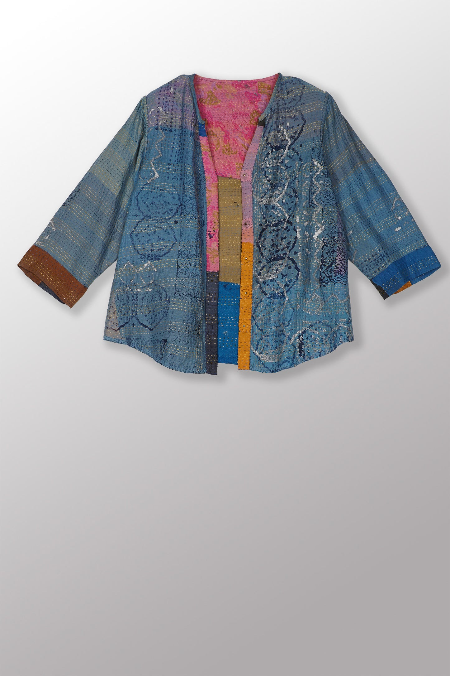 MOSAIC FRAY PATCH KANTHA KURTA TOP - zb2586-mlt -