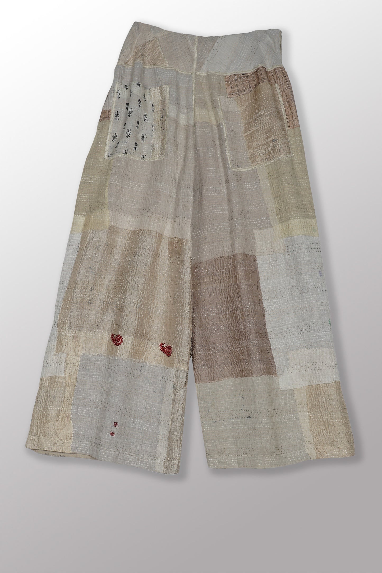 MOSAIC FRAY PATCH KANTHA MID RISE WIDE LEG PANTS - zb2665-ivy -