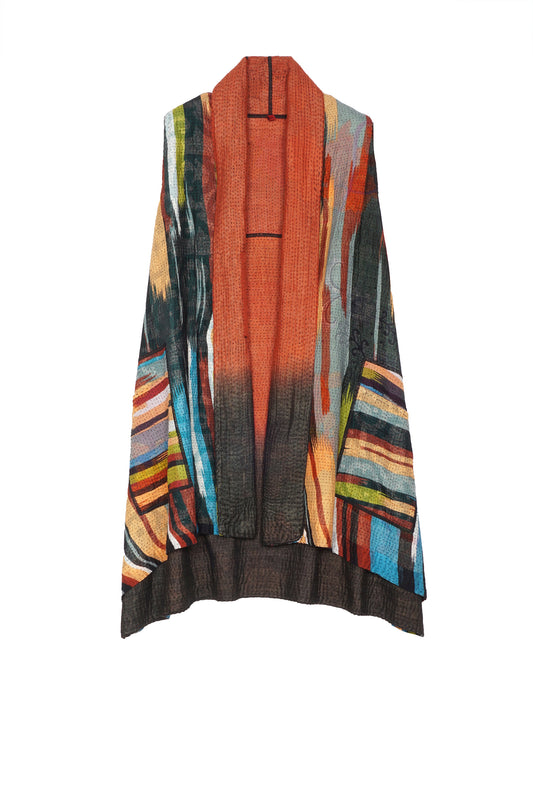 IKAT STRIPE KANTHA KIMONO COLLAR VEST - is4240-red -