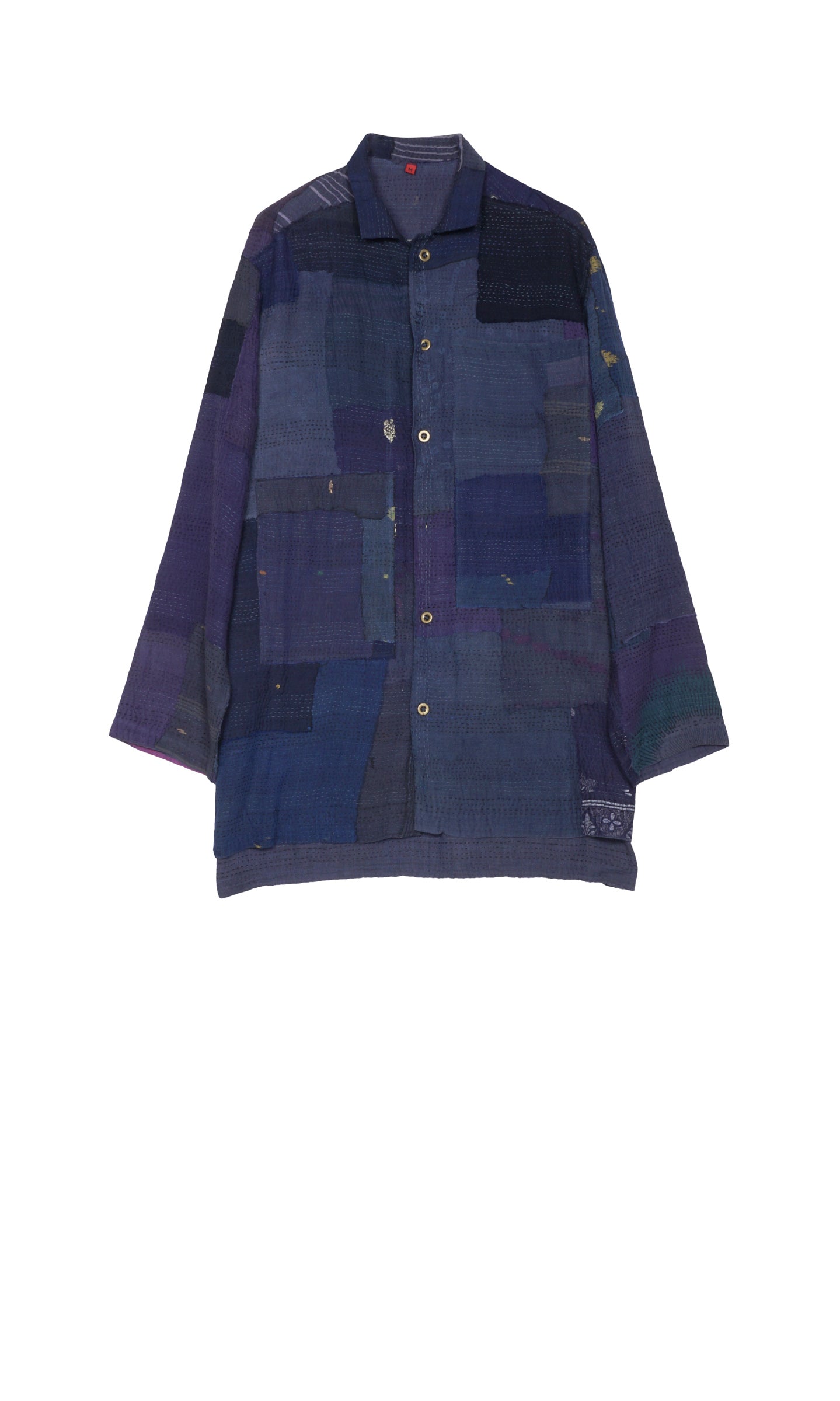 INDIGO WHITE FRAYED PATCH KANTHA SHIRT JACKET