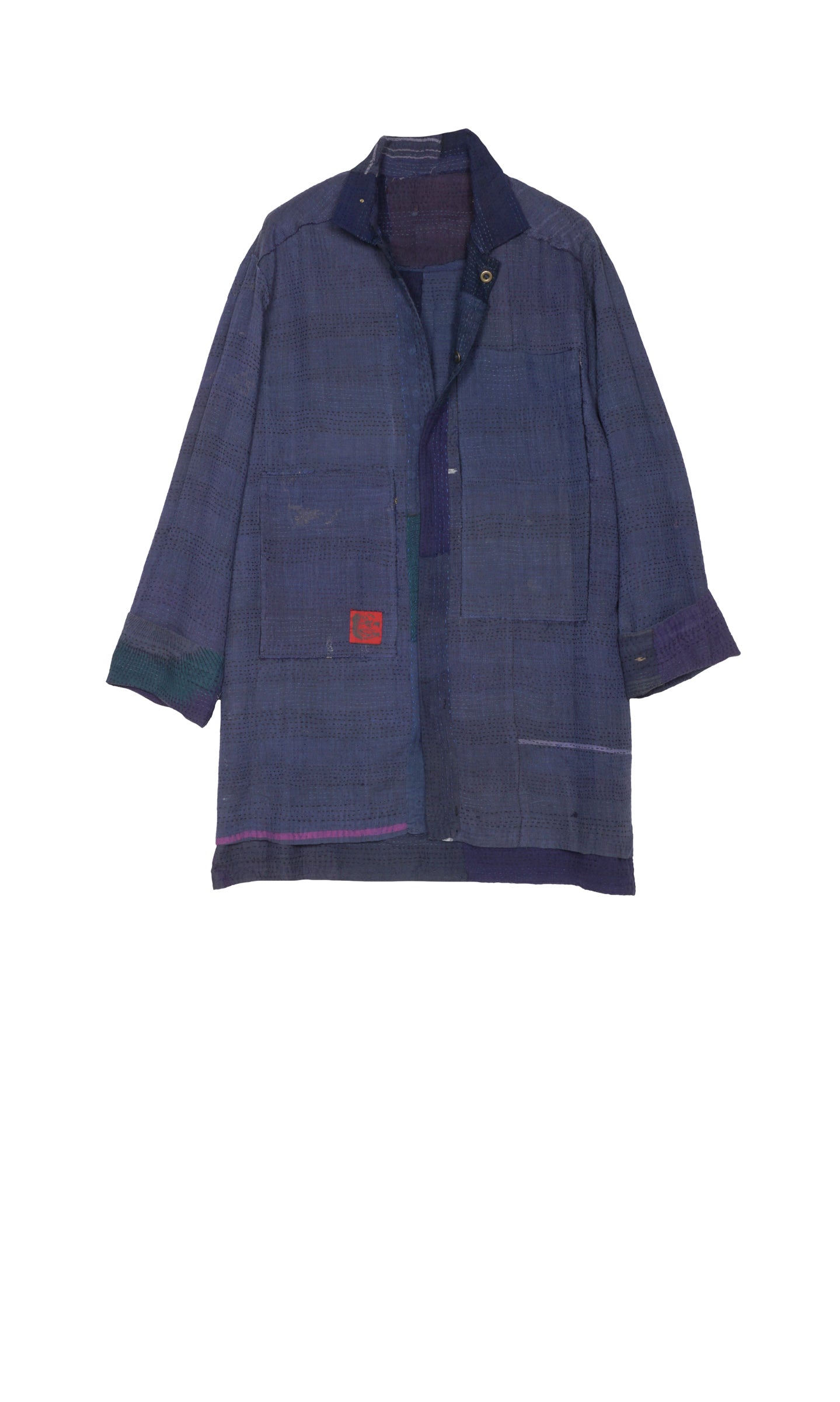 INDIGO WHITE FRAYED PATCH KANTHA SHIRT JACKET