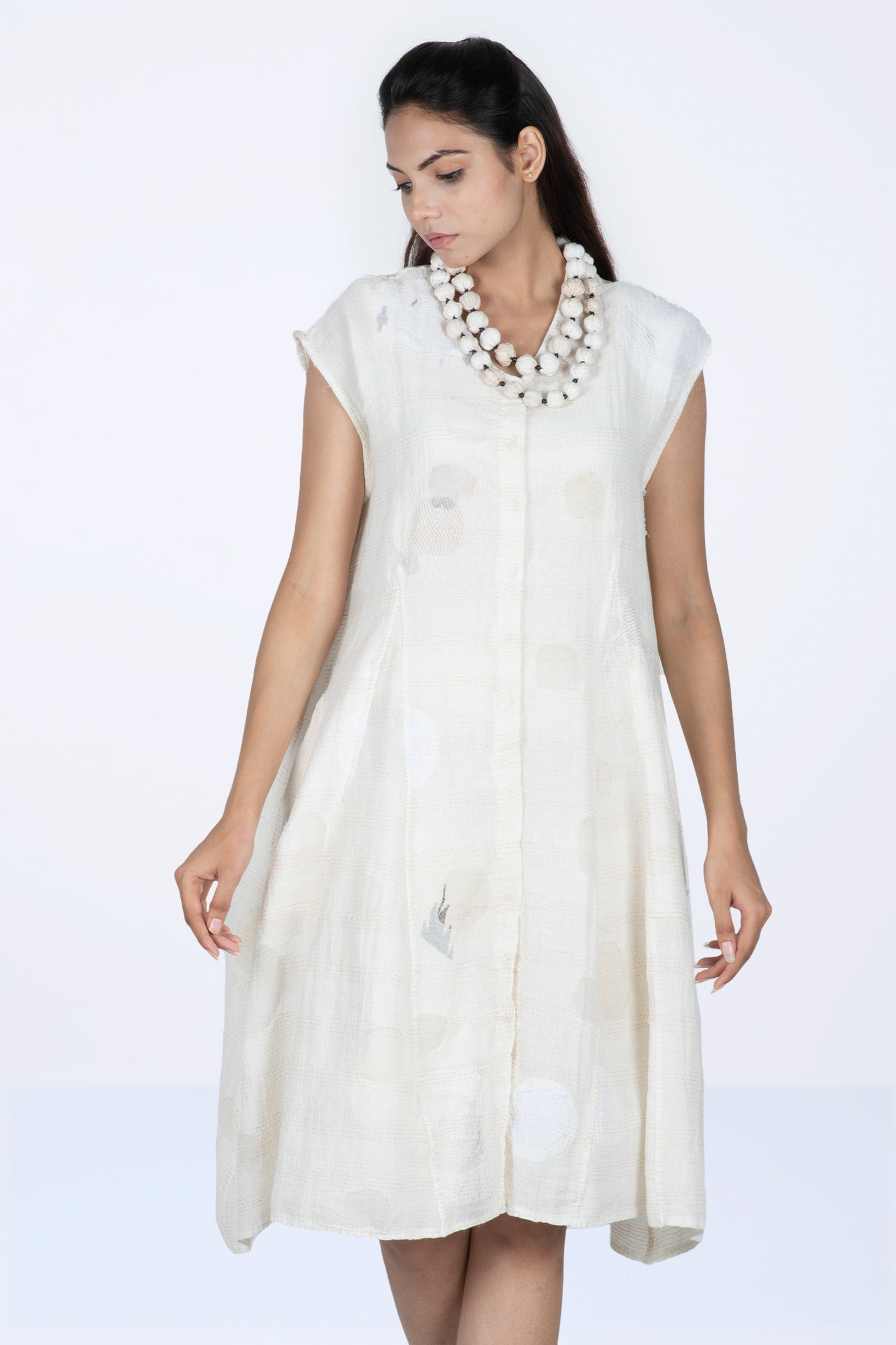 CUT THROUGH DOT AND HOLES KANTHA SNAP FRONT A-LINE DRESS