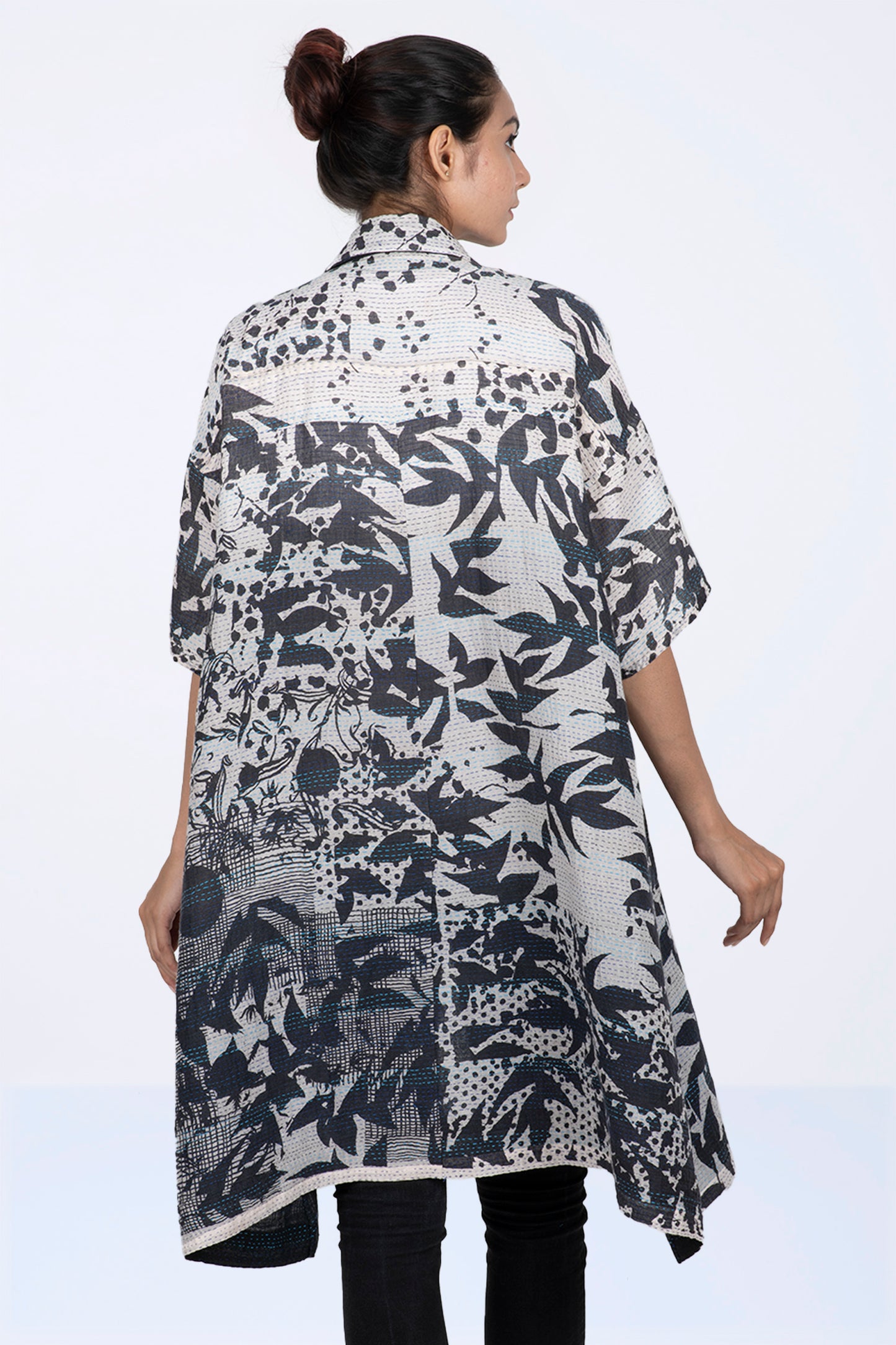 MONOTONE TWILIGHT PRINT KANTHA HALF SLV. SHIRT DRESS