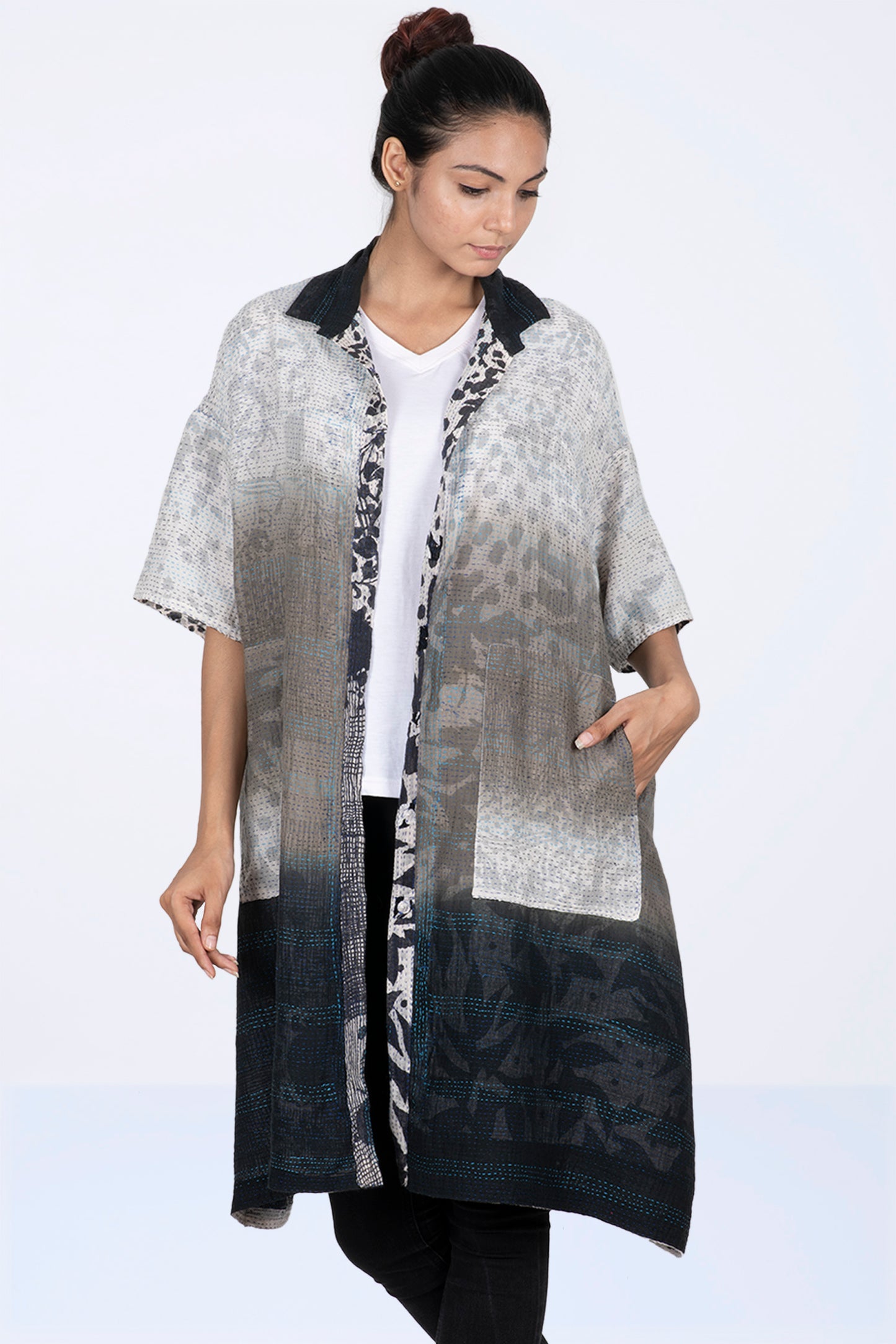 MONOTONE TWILIGHT PRINT KANTHA HALF SLV. SHIRT DRESS