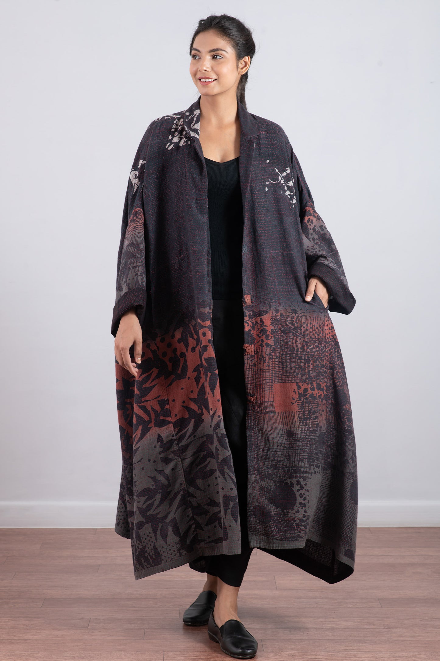 MONOTONE TWILIGHT PRINT KANTHA OVERSIZE DRESS - tp2432-red -