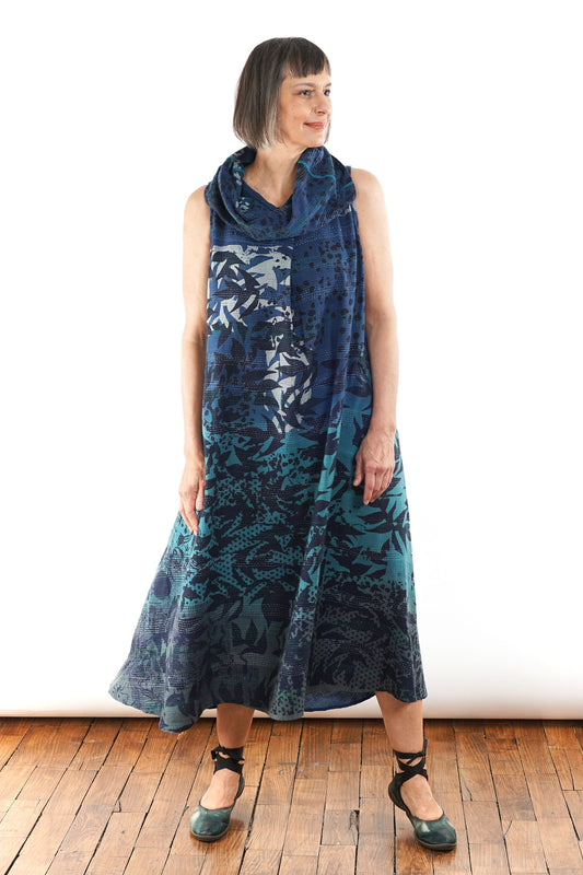 MONOTONE TWILIGHT PRINT KANTHA COWL NECK MAXI DRESS