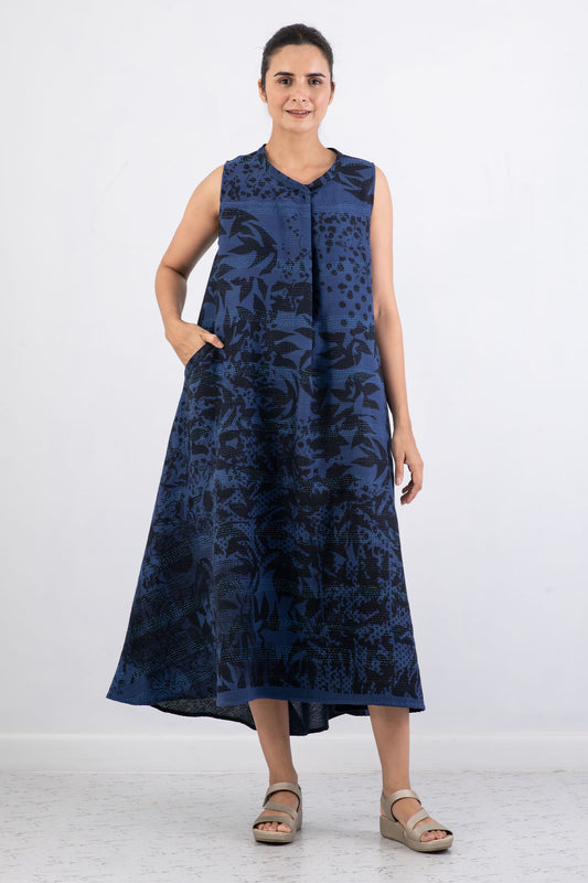 MONOTONE TWILIGHT PRINT KANTHA BAND COLLAR MAXI DRESS