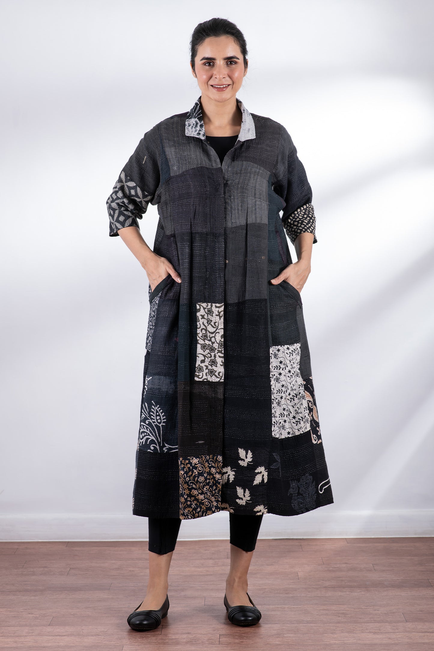 VINTAGE BOTTOM PRINT KANTHA SIDE PLEATED DRESS