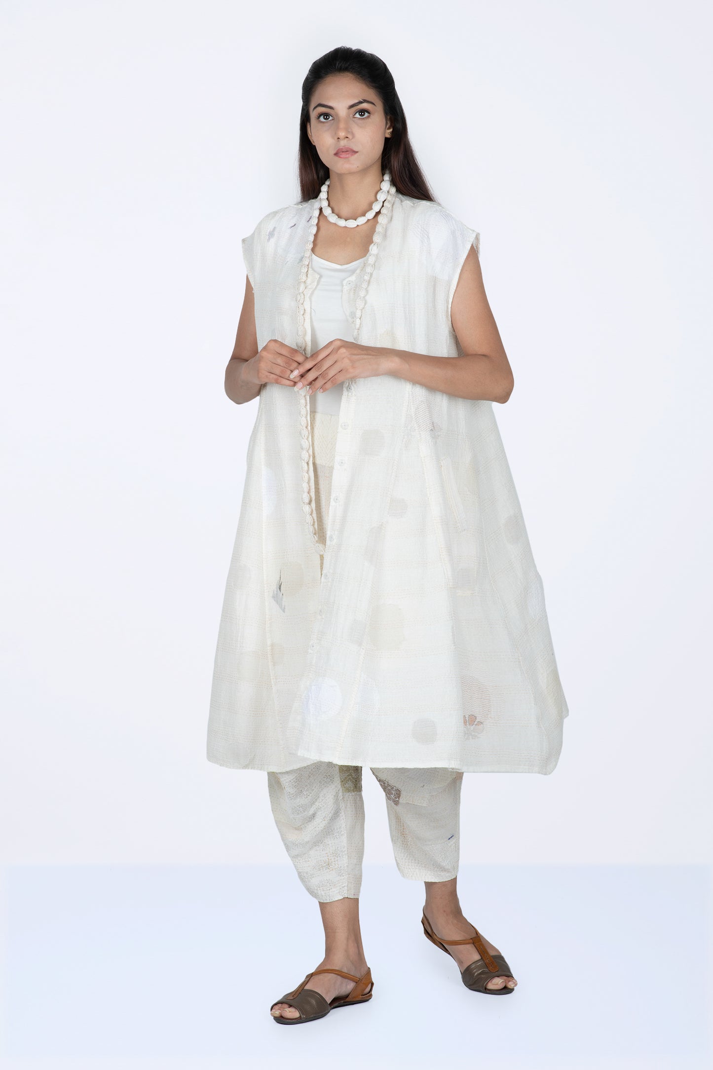 CUT THROUGH DOT AND HOLES KANTHA SNAP FRONT A-LINE DRESS